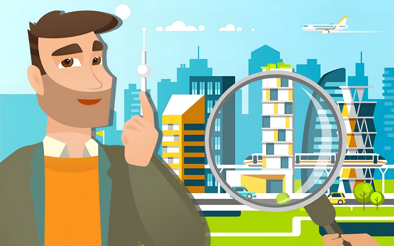 Illustration of a man inspecting city buildings through a large magnifying glass.