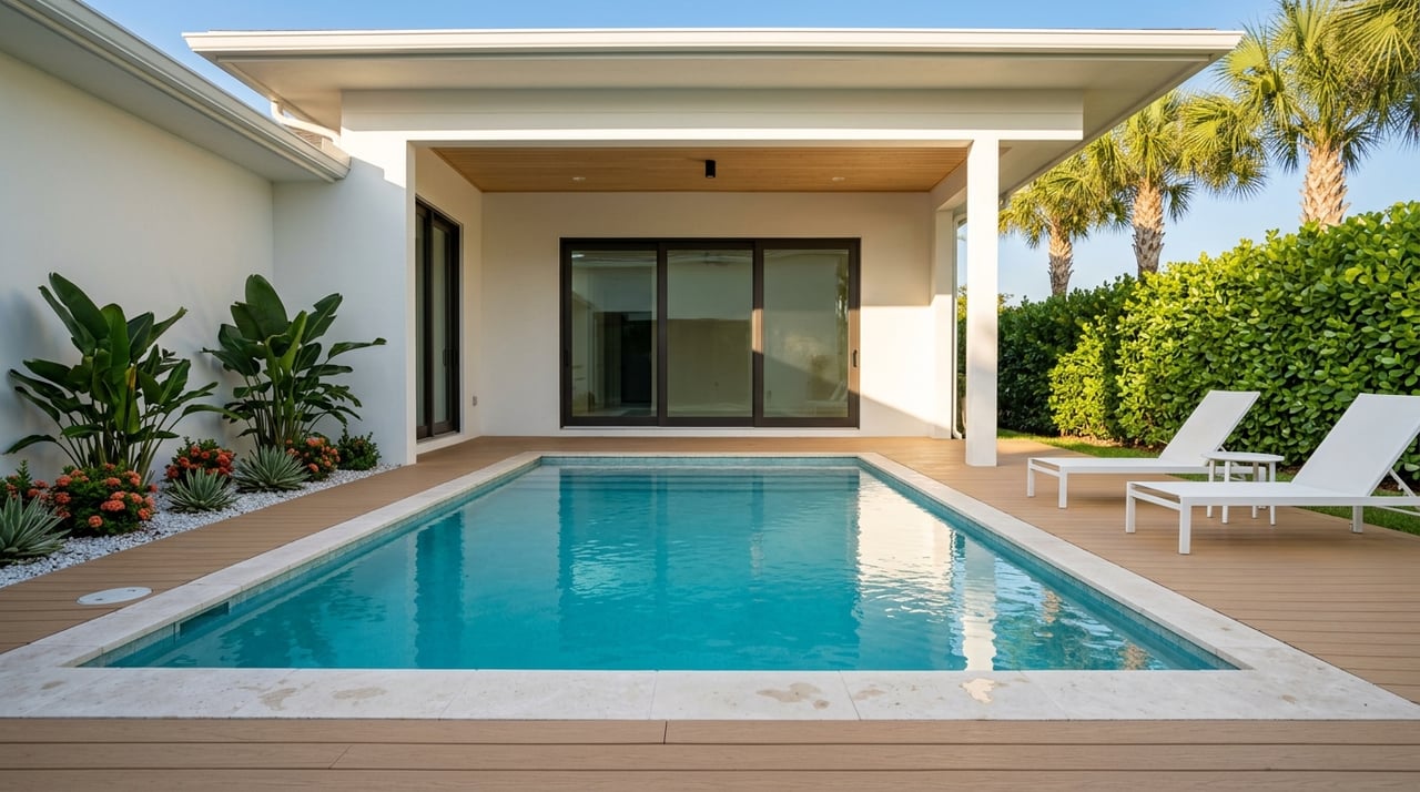 Modern stucco backyard pool bordered by a continuous hedge.