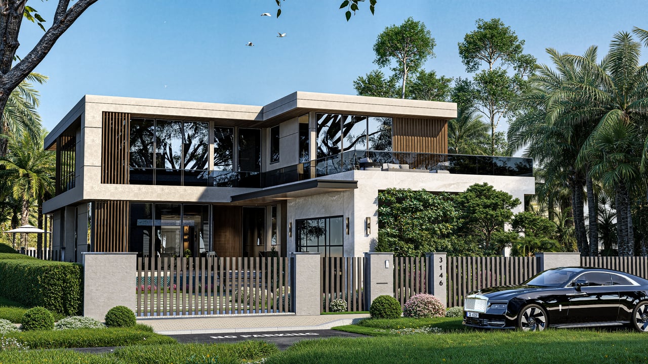 Modern two-story home with glass balconies, tropical landscaping, and a black car parked outside the gate.