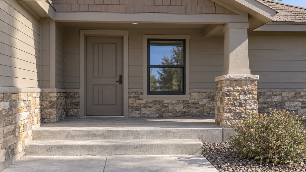 Close view of a covered home entry with greige siding, rough stone masonry, a taupe paneled door and concrete steps beside a compact curl-leaf mountain mahogany.