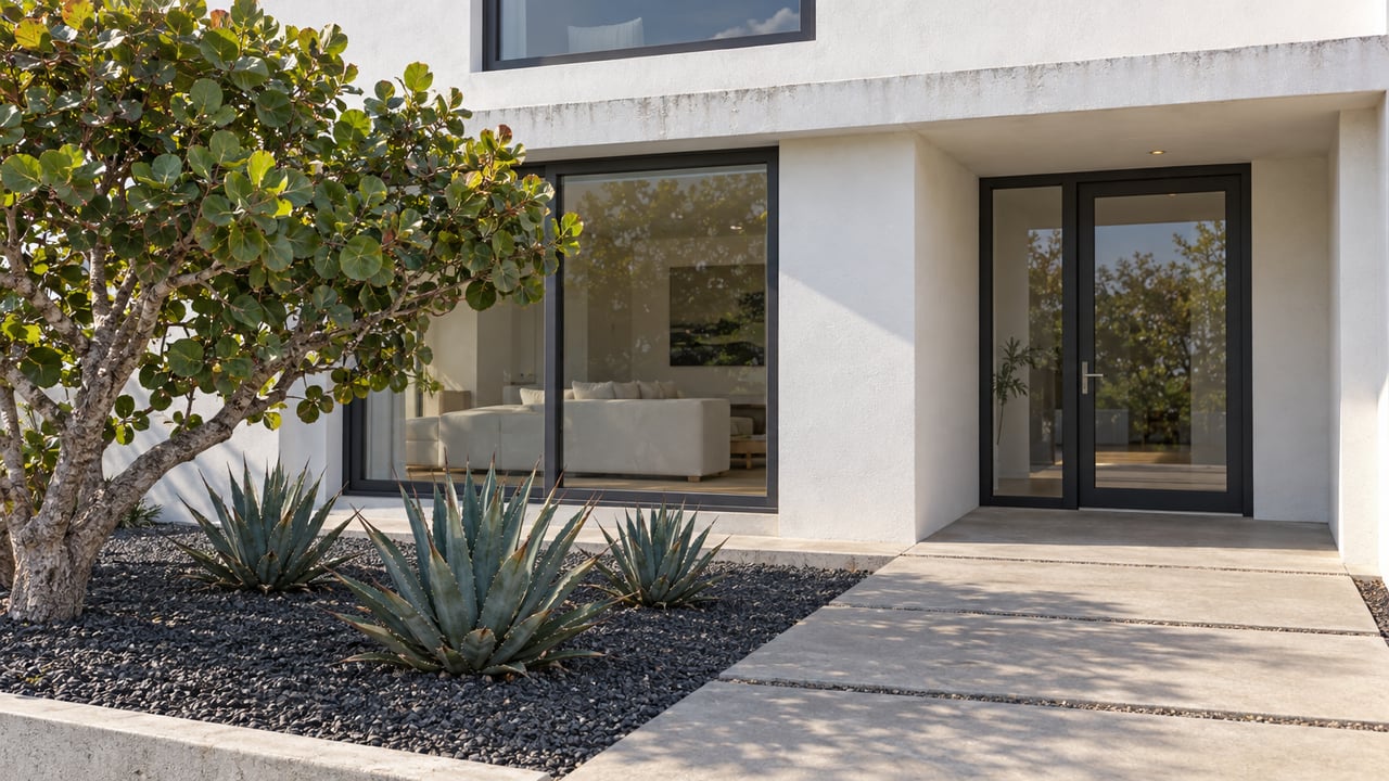 White contemporary home with charcoal window frames, a sheltered glass entry, concrete pavers and a sculptural sea grape tree.
