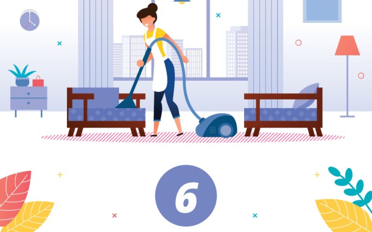 Woman vacuuming between two sofas, with a large number 6.