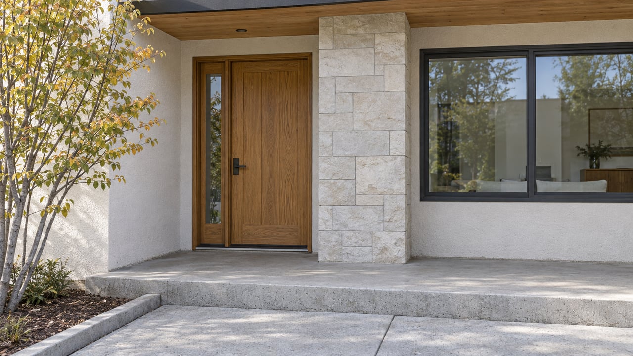 Sheltered home entry with an oak door, pale stucco, stone detailing and a broad charcoal-framed window beside a serviceberry.