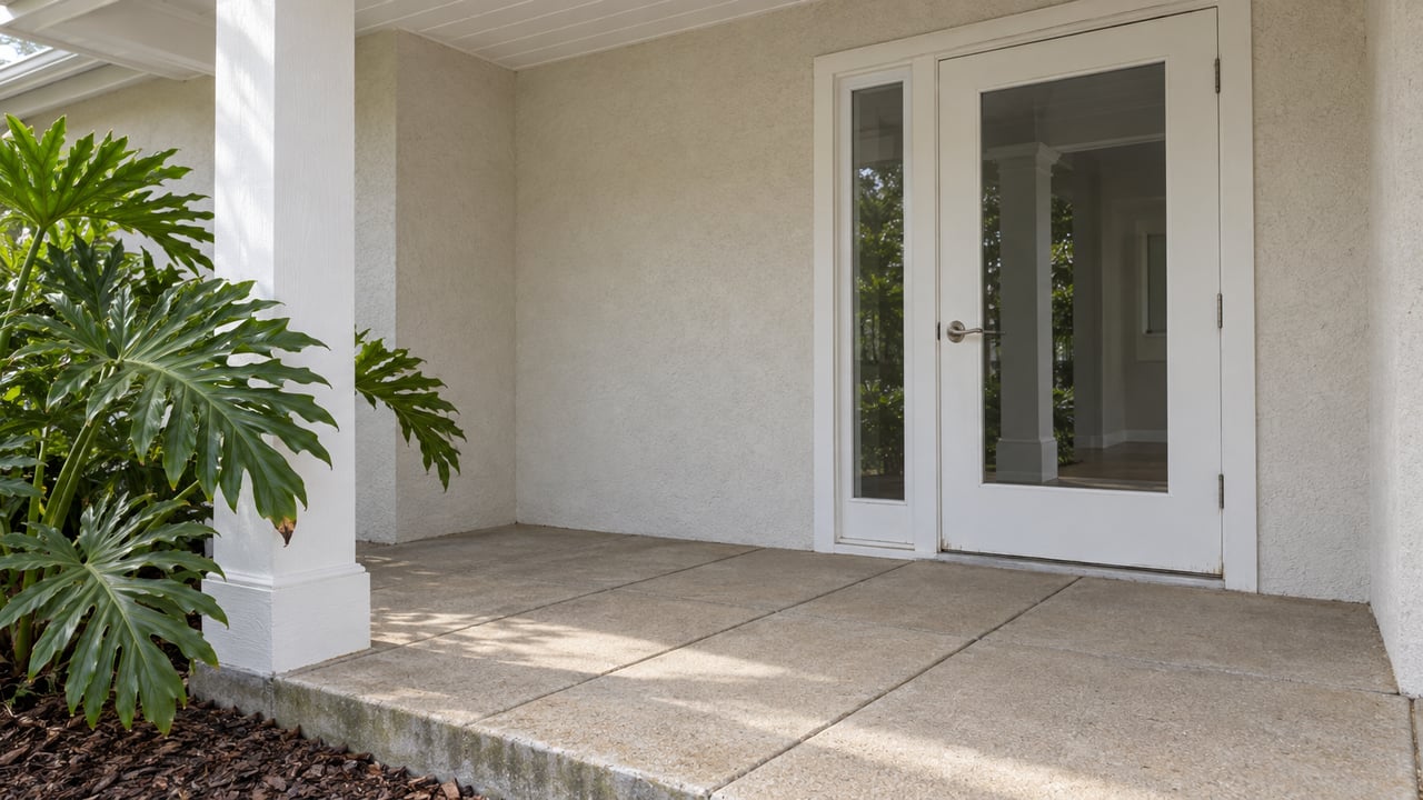 White painted porch column and glazed front door above a pale concrete-paver landing, beside a split-leaf planting.