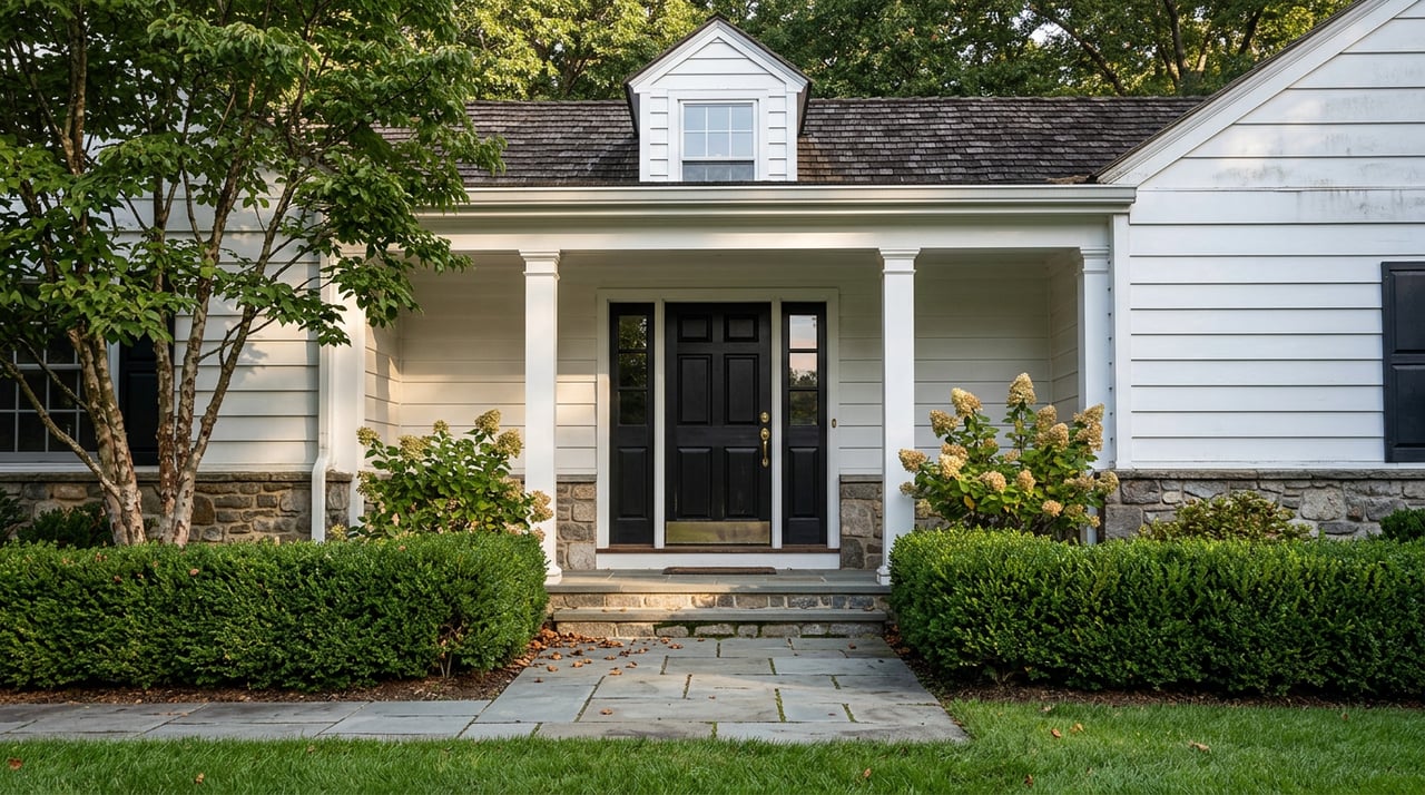 White Colonial home with black front door, bluestone steps, clipped hedges, and autumn leaves beneath oak canopy.