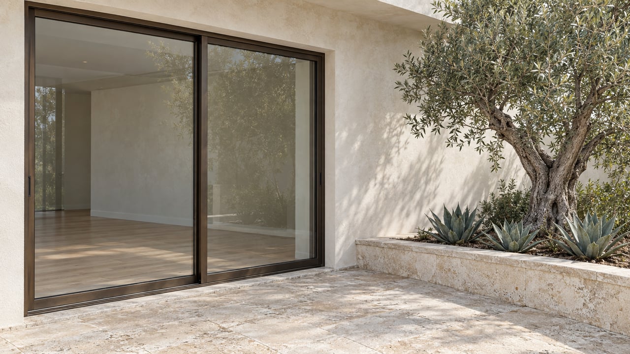 Coastal terrace with bronze-framed sliding glass doors, an olive tree and three agaves in a raised planter.