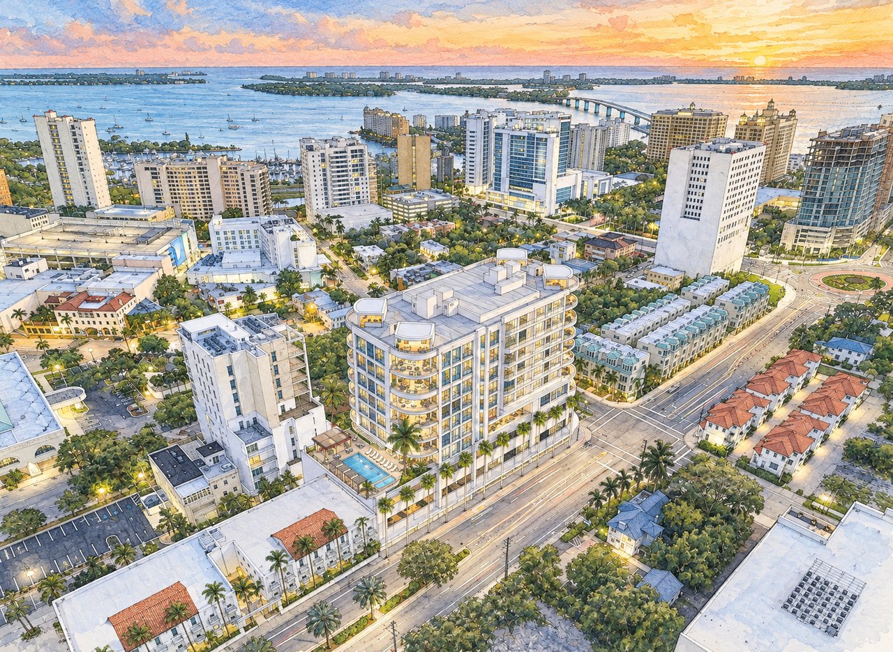 The Edge Sarasota condominium rendering, viewed from above with Sarasota Bay and a sunset in the background.