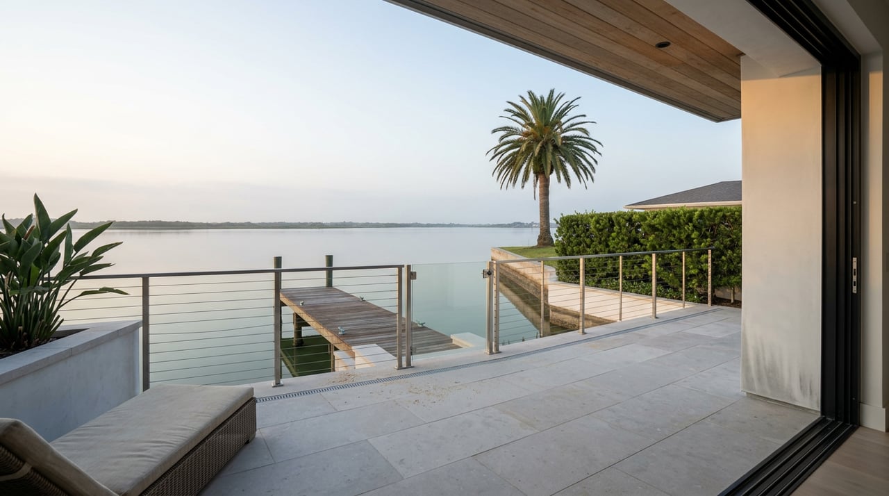 Limestone terrace with woven chaise overlooks a silver-gray dock, calm inlet, and distant palm tree.