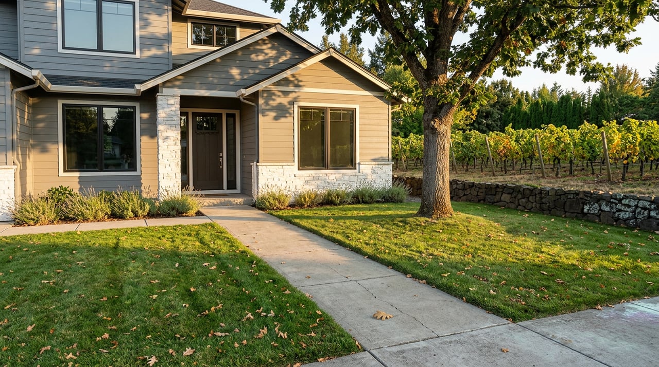 Gray two-story home with white stone veneer, a mature oak, and vineyard rows beyond a low stone wall.