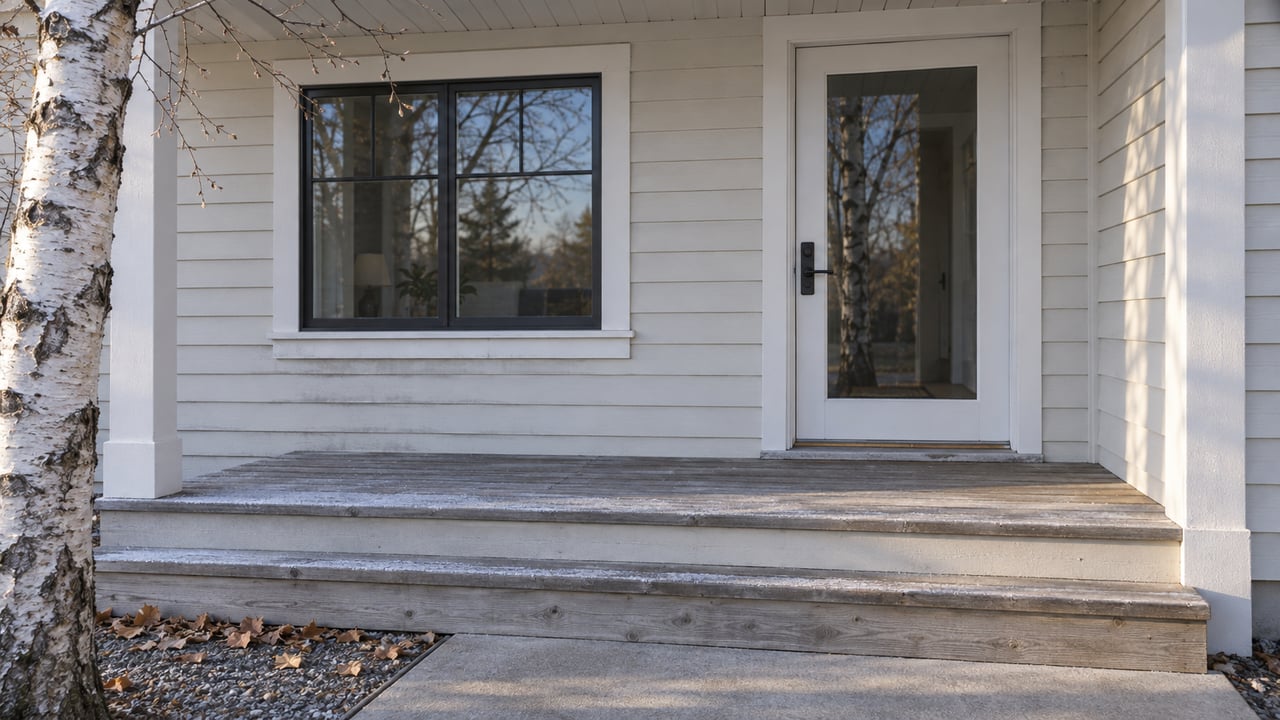 Cold morning light across a white wood-sided home's glazed entrance, weathered cedar steps and paper birch.