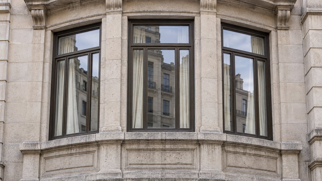 Three bronze-framed windows in a gently curved limestone apartment bay, with linen curtains and weathered carved stone detailing.
