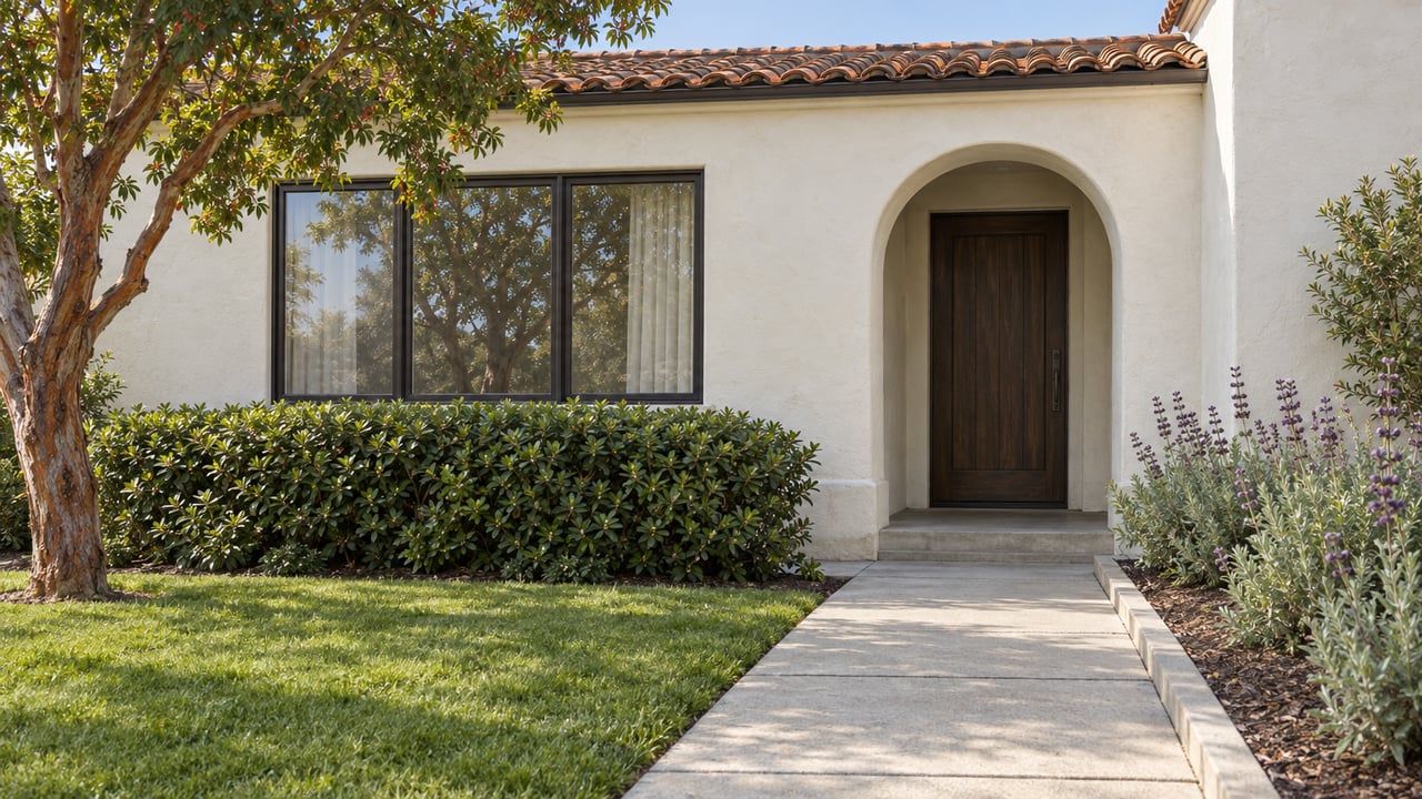Sunlit white stucco home with an arched oak entry, terracotta roof tiles, and a planted concrete approach.