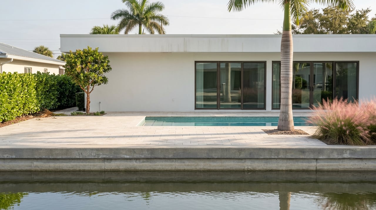 Canal water and seawall front a travertine pool deck, geometric pool, and white stucco home.