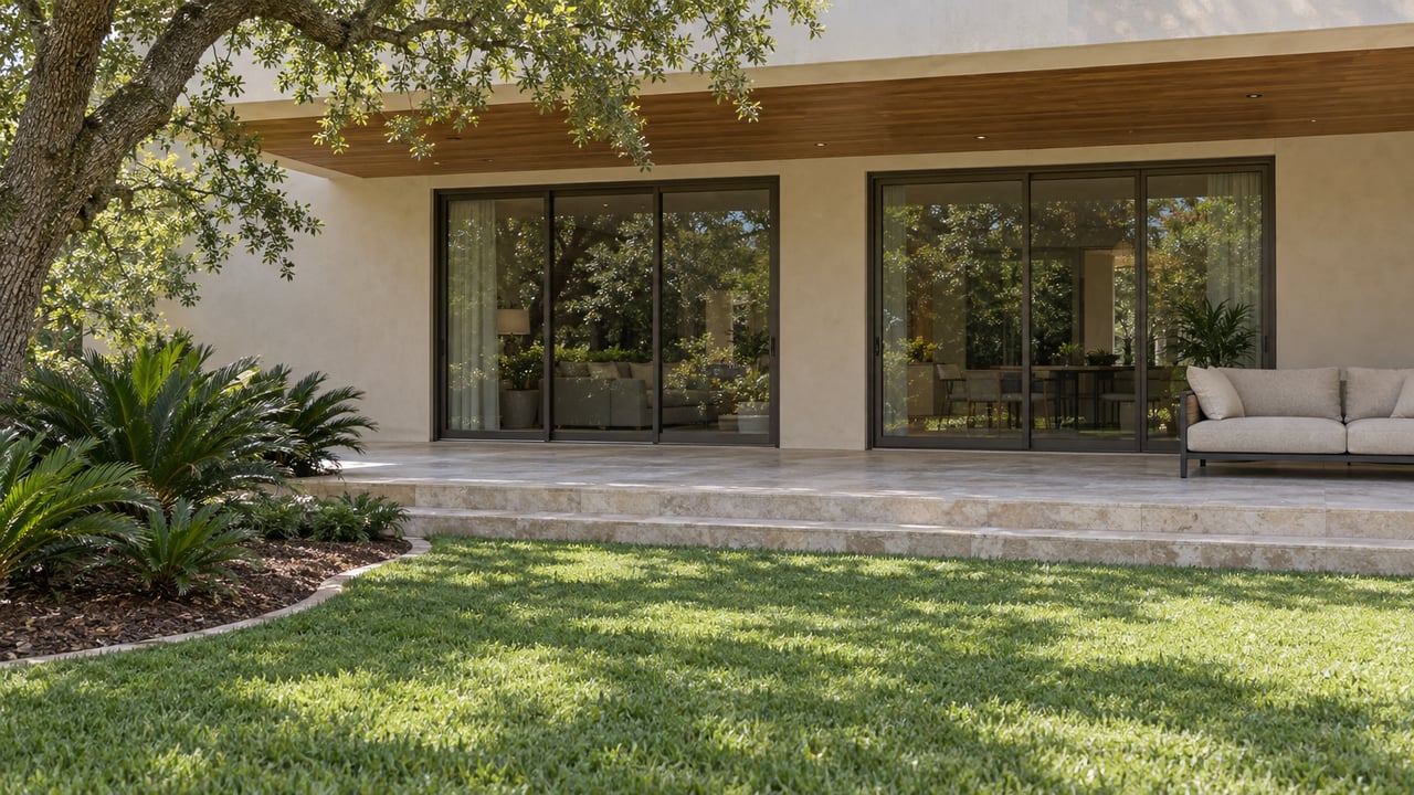 A shaded stone terrace with bronze-framed glass doors, a cream outdoor sofa, and a broad lawn beside a mature live oak.