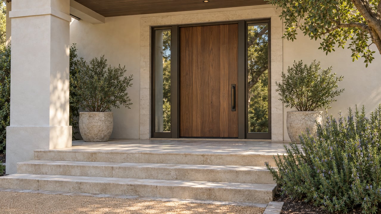 Walnut entry door with narrow glass sidelights, beneath a stucco porch, above broad limestone steps.