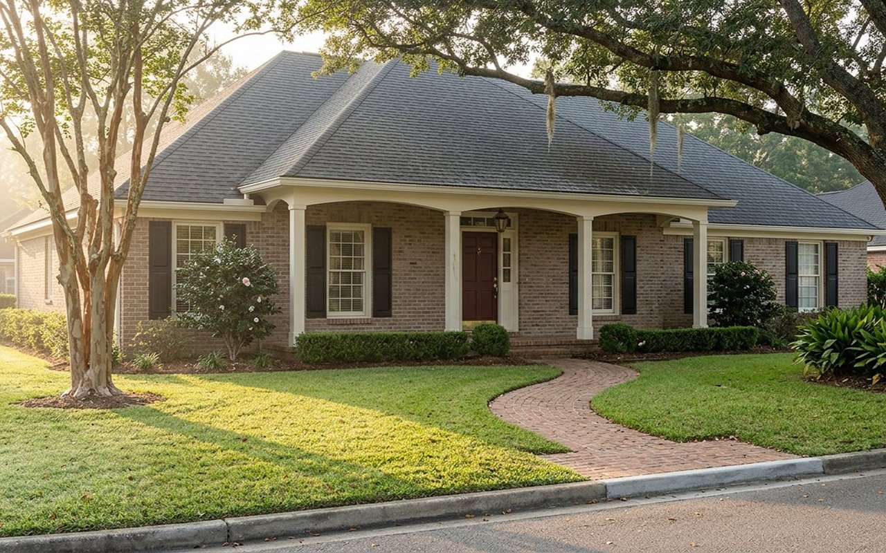 Single-story brick home with a columned porch and curved brick walkway beneath mature trees.