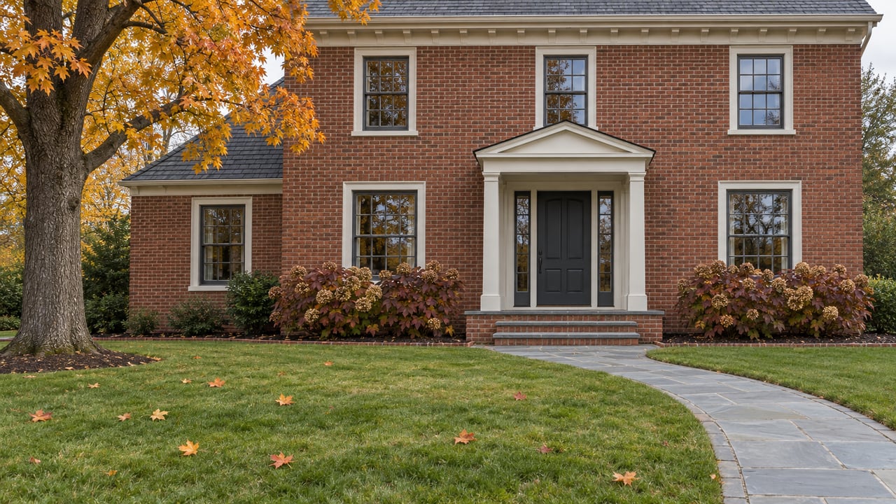 Autumn maple foliage beside a brick home's balanced windows and columned entrance, with a curved bluestone walk crossing a deep lawn.