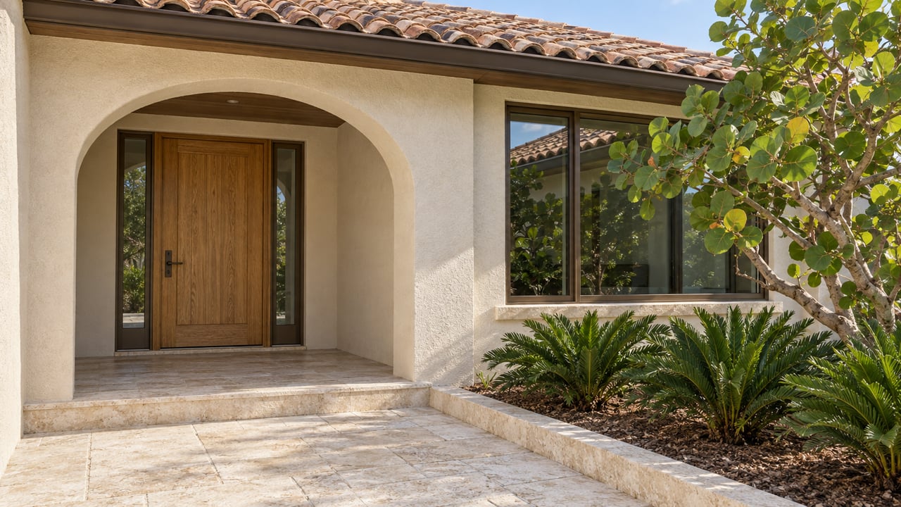 Sunlit ivory stucco home entry with a terracotta roof, oak door, limestone paving and sculptural sea grape planting.