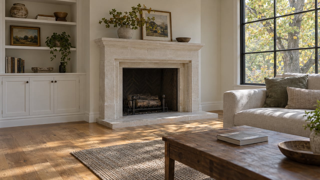 Living room with a limestone fireplace, linen sofa, and tall window overlooking a yellowing oak.