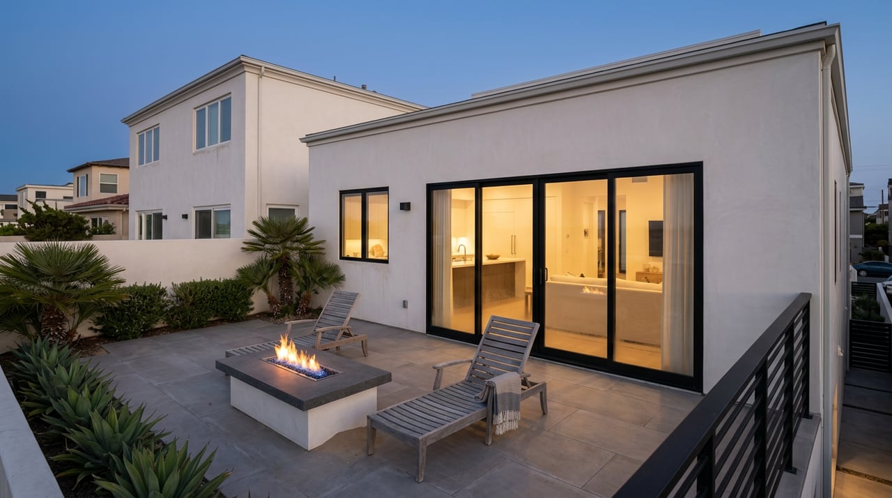 Coastal home terrace at dusk with a glowing fire table, weathered teak chairs, and sliding glass doors.