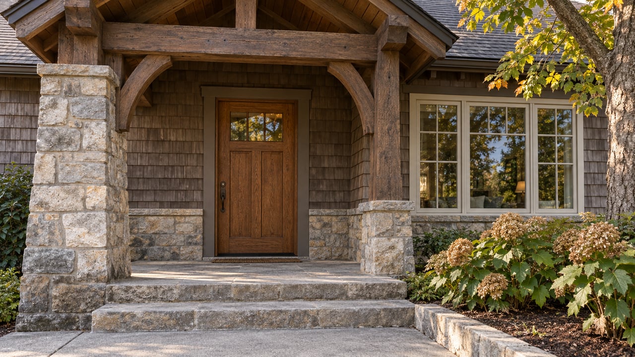 Covered residential entry with weathered timber beams, a limestone pier, an oak door and oakleaf hydrangeas beside stone steps.