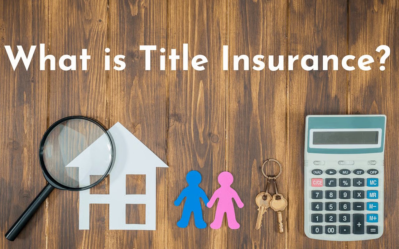 What Is Title Insurance? graphic with a house, magnifying glass, keys, people, and calculator