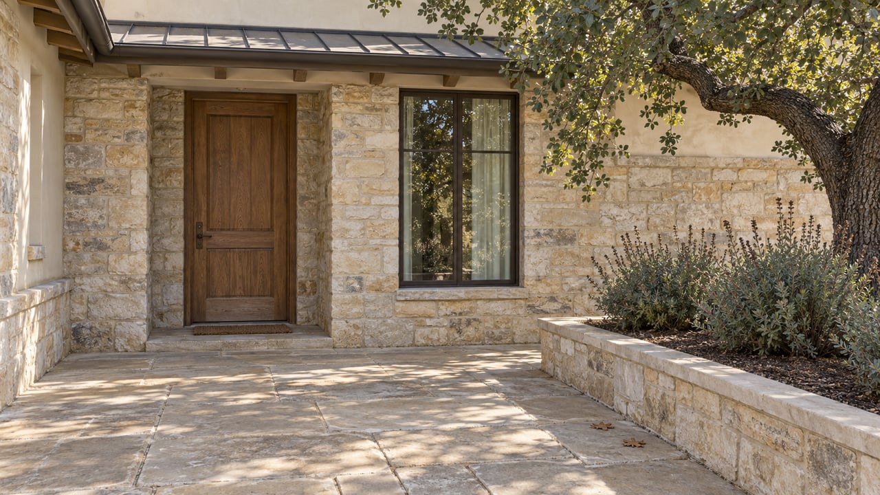 Morning light across a limestone entry terrace, recessed oak door and cream stucco facade beside a blue oak and flowering sage.