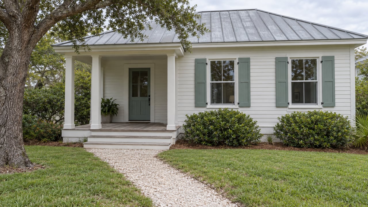White coastal cottage with blue-green shutters, raised porch, shell path, lawn, and oak tree.