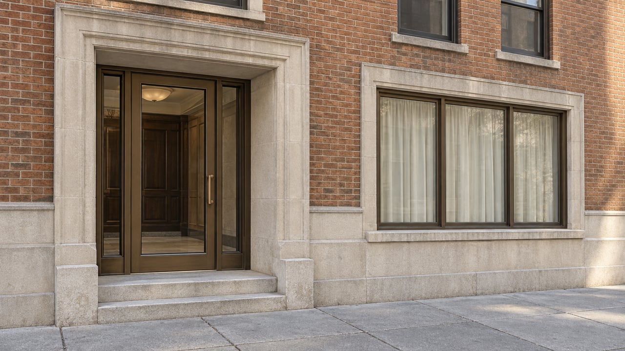 Patinated bronze entrance door set into a pale limestone surround beside a broad window in a warm brick apartment facade.