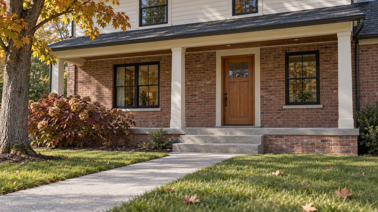 Autumn sunlight on a brick home's covered porch, with a concrete front walk, green lawn and amber maple foliage.