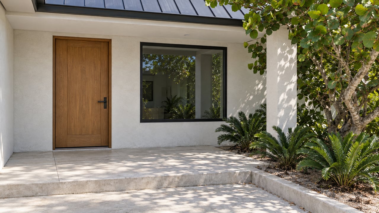 Sunlit pale-stucco home entry with an oak door, black-framed window, concrete porch and sculptural sea grape planting.