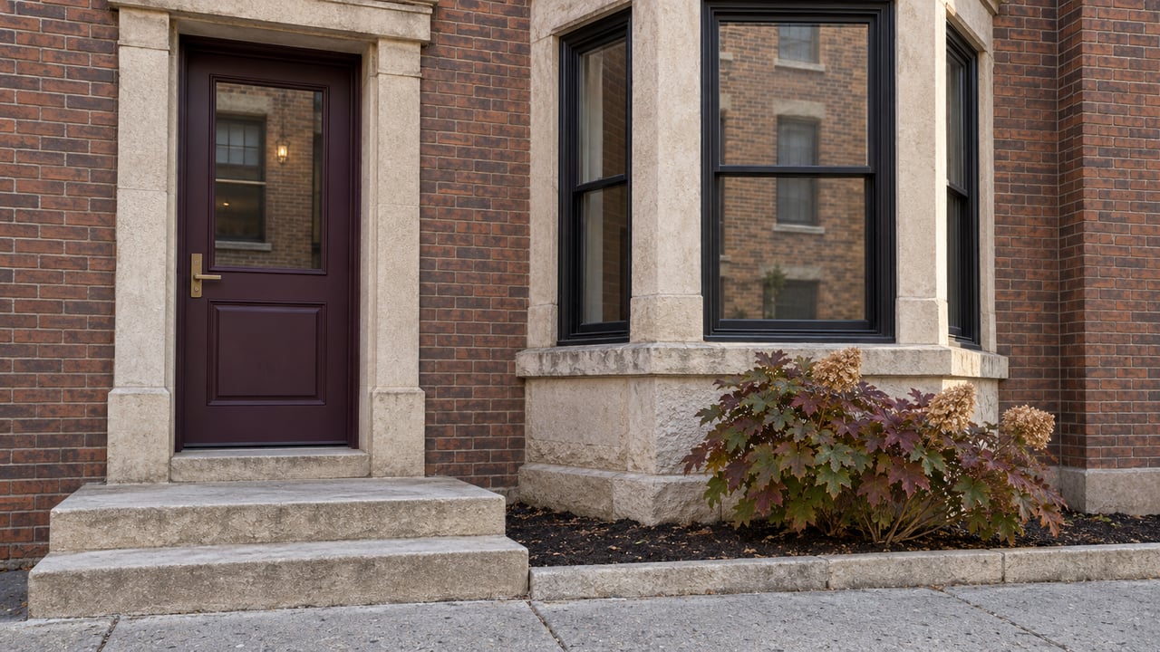 Russet brick home with a plum-colored entrance, limestone steps and a black-framed projecting window bay beside autumn oakleaf hydrangea.