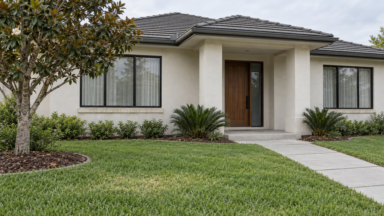 Light stucco single-story home with black-framed windows, a recessed wood entry, deep front lawn and a flowering magnolia tree.