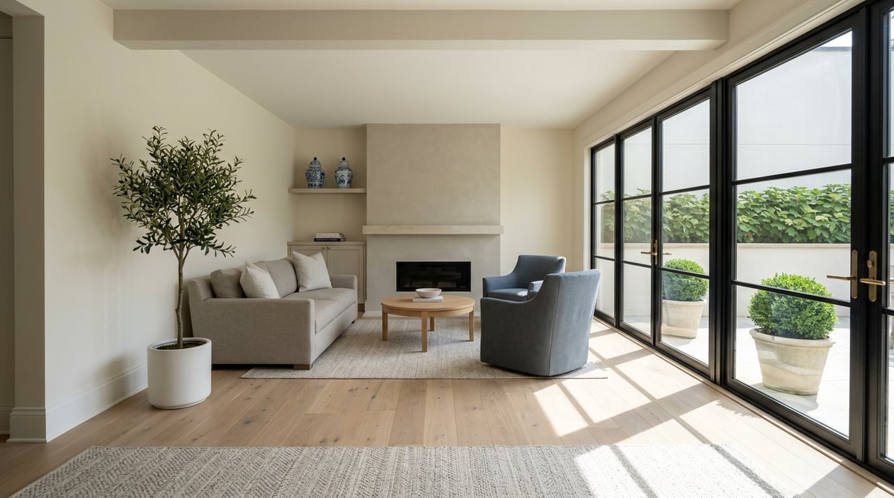 Sunlit living room with a downsized layout, airy furnishings, and leafy houseplants.