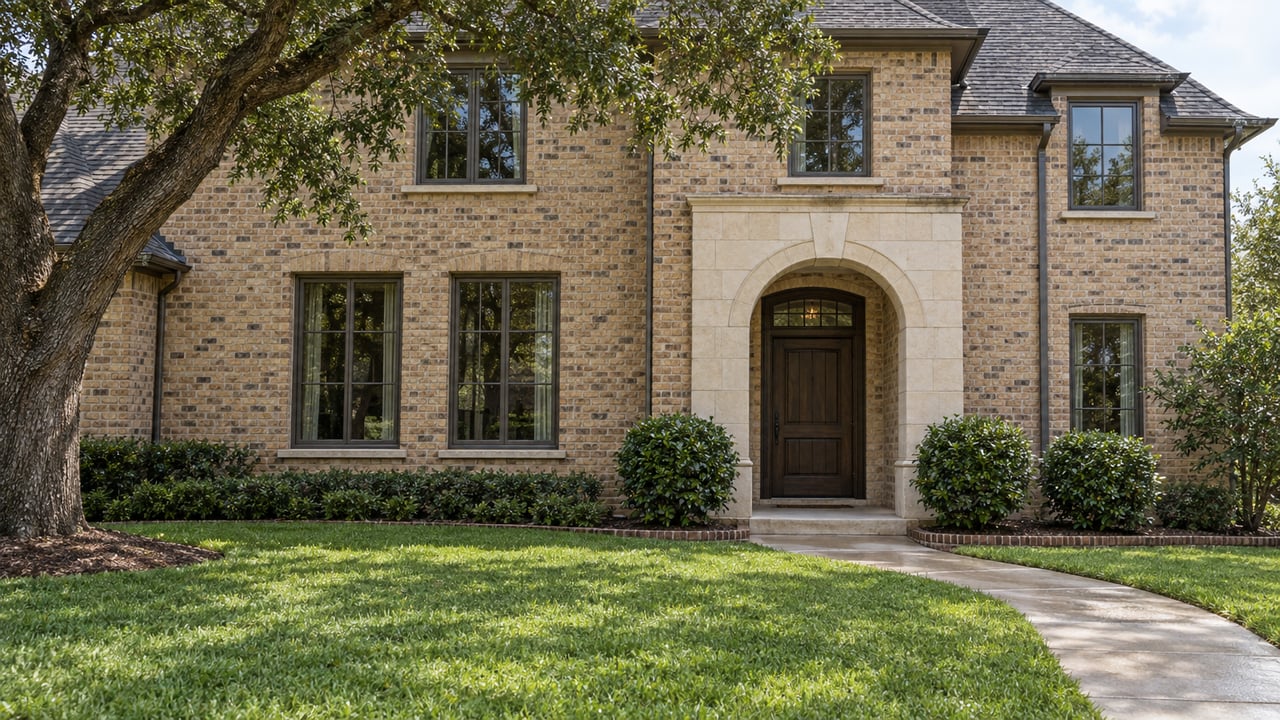 Buff-brick two-story home with a limestone arched entrance, bronze-framed windows and a curved concrete walk across a broad lawn.
