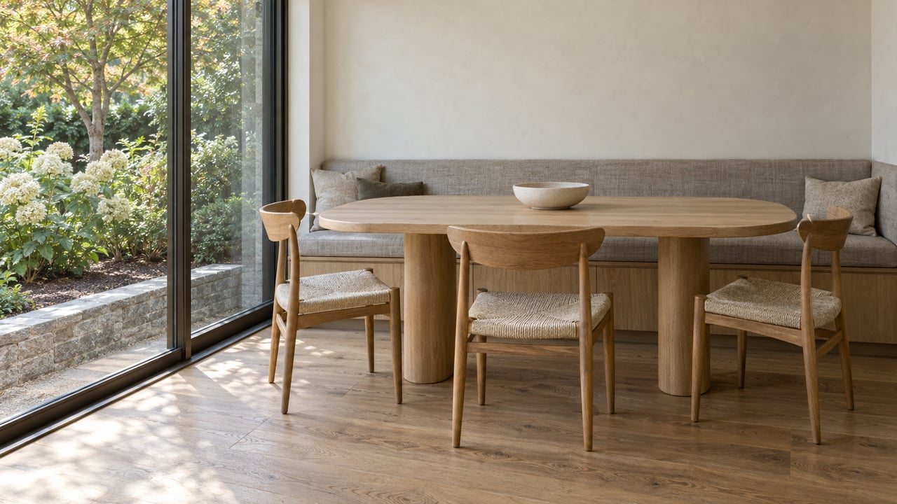 Oak breakfast table and linen bench in a light-filled residential alcove overlooking a planted garden.