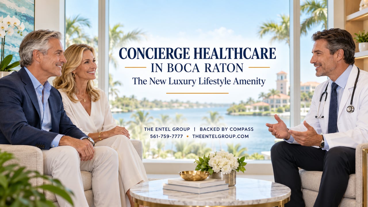 Mature Boca Raton couple meeting with a concierge physician in a bright luxury medical office overlooking South Florida palms
