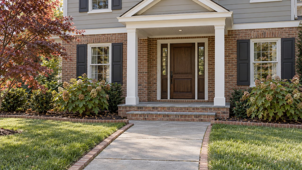 Brick and gray lap-sided home with a sheltered oak front door, bluestone porch and carefully maintained front planting.