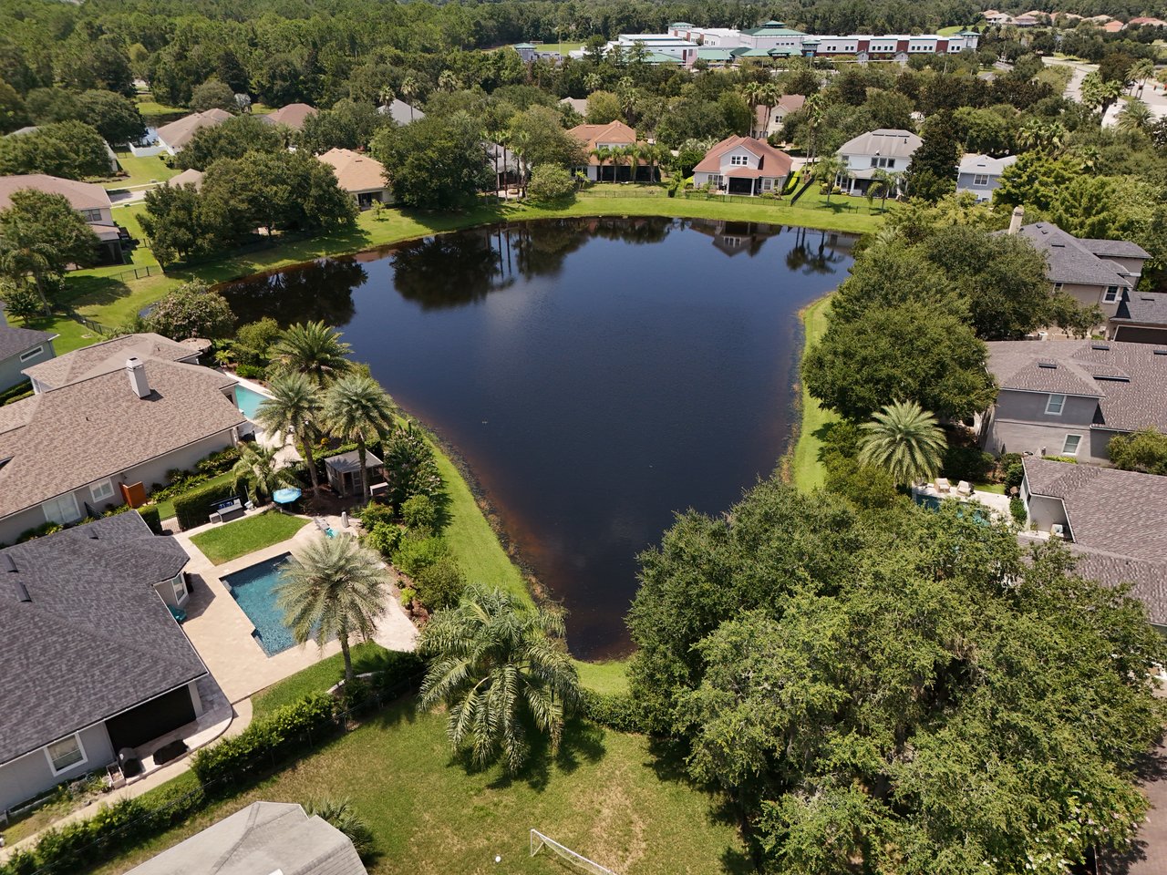 Aerial view of homes around a pond, with mature trees and a backyard pool.