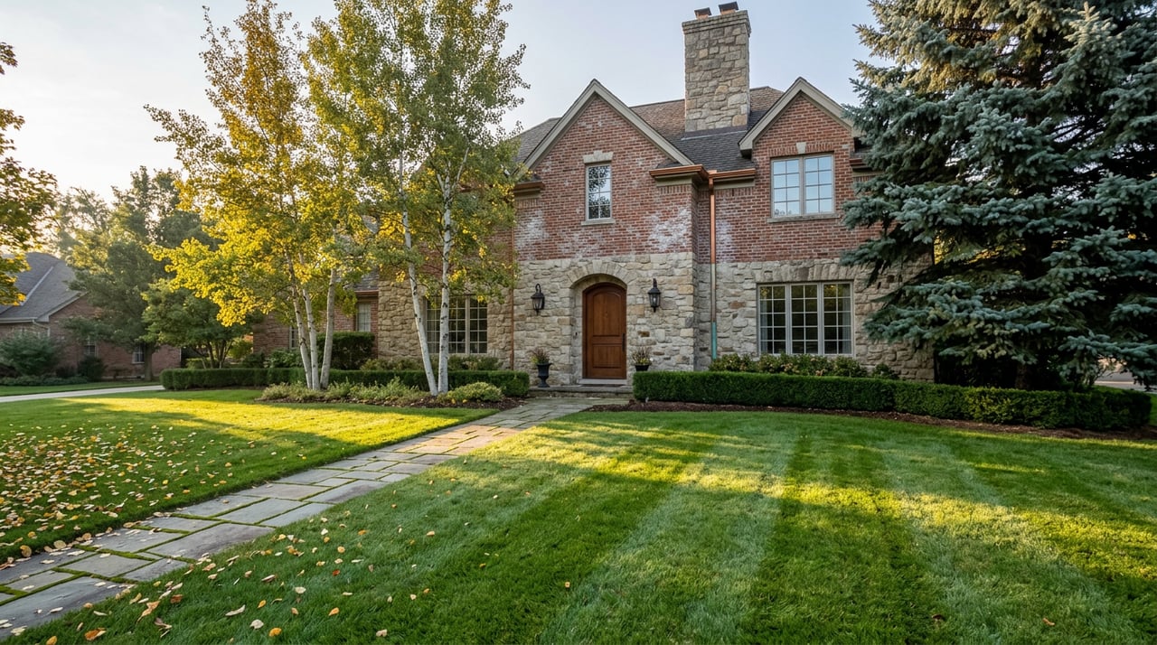 Front lawn with dew-lit grass and fallen aspen leaves leading to a stone-and-brick house, framed by mature trees.