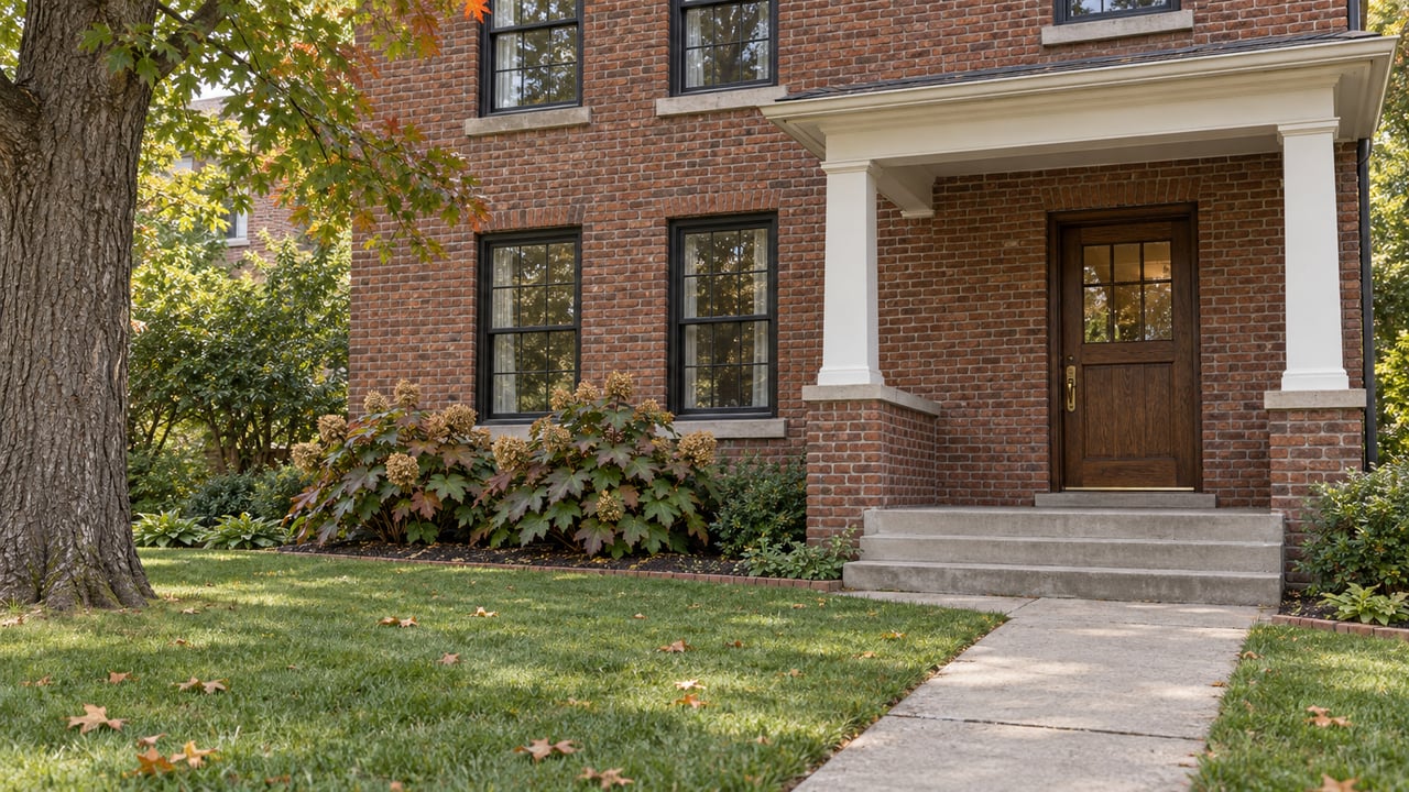 An updated two-story brick home with a covered entry, deep front lawn, mature oak and autumn hydrangeas.