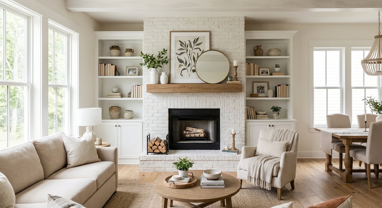 Open living room with a white shiplap fireplace, cream sofa, oak coffee table, and potted plants.