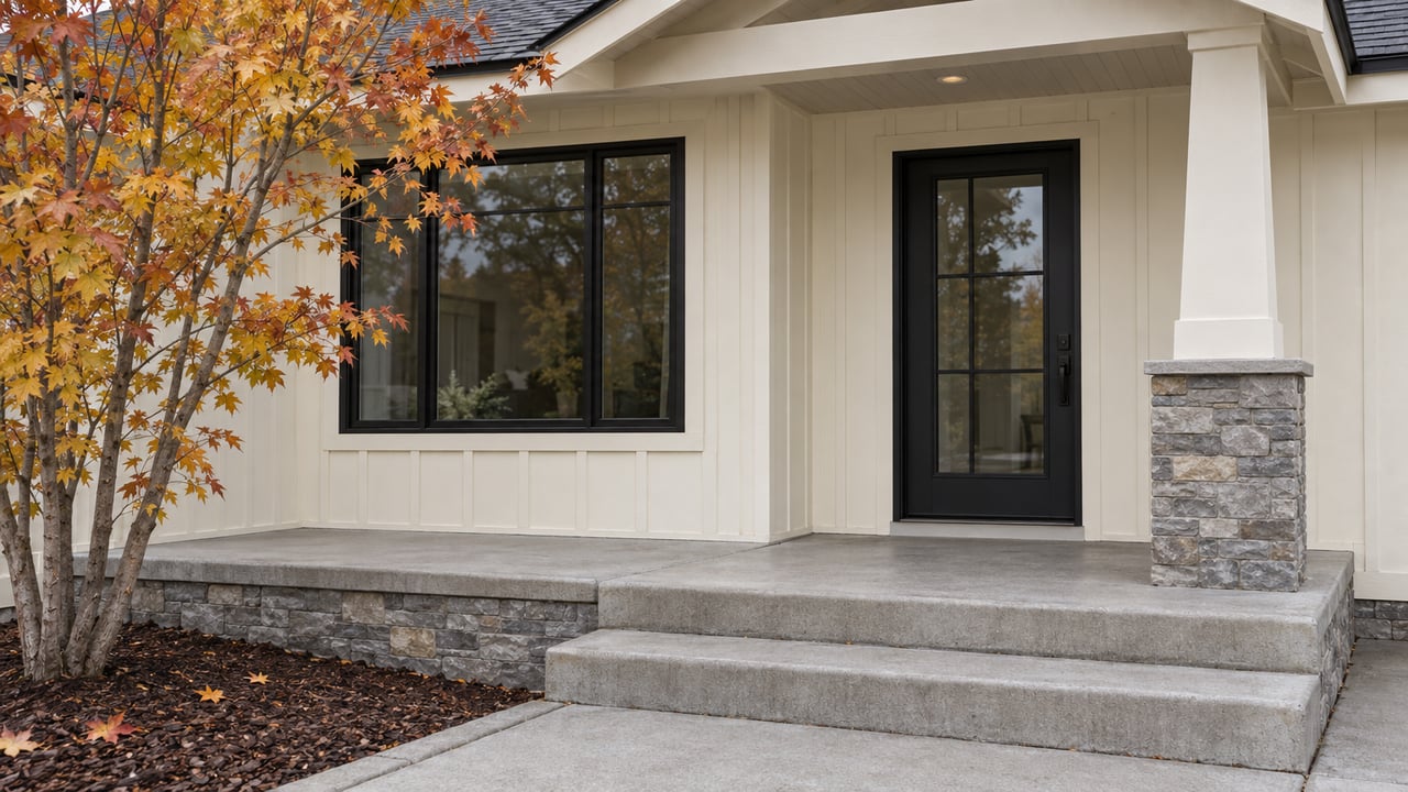 Covered home entry with cream board-and-batten siding, black-framed glazing, stone porch base and yellow autumn maple leaves.
