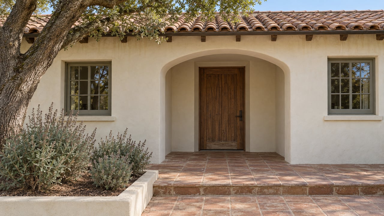 Cream plaster house with an arched porch, walnut front door, terracotta paving, and a mature oak beside a raised planting bed.