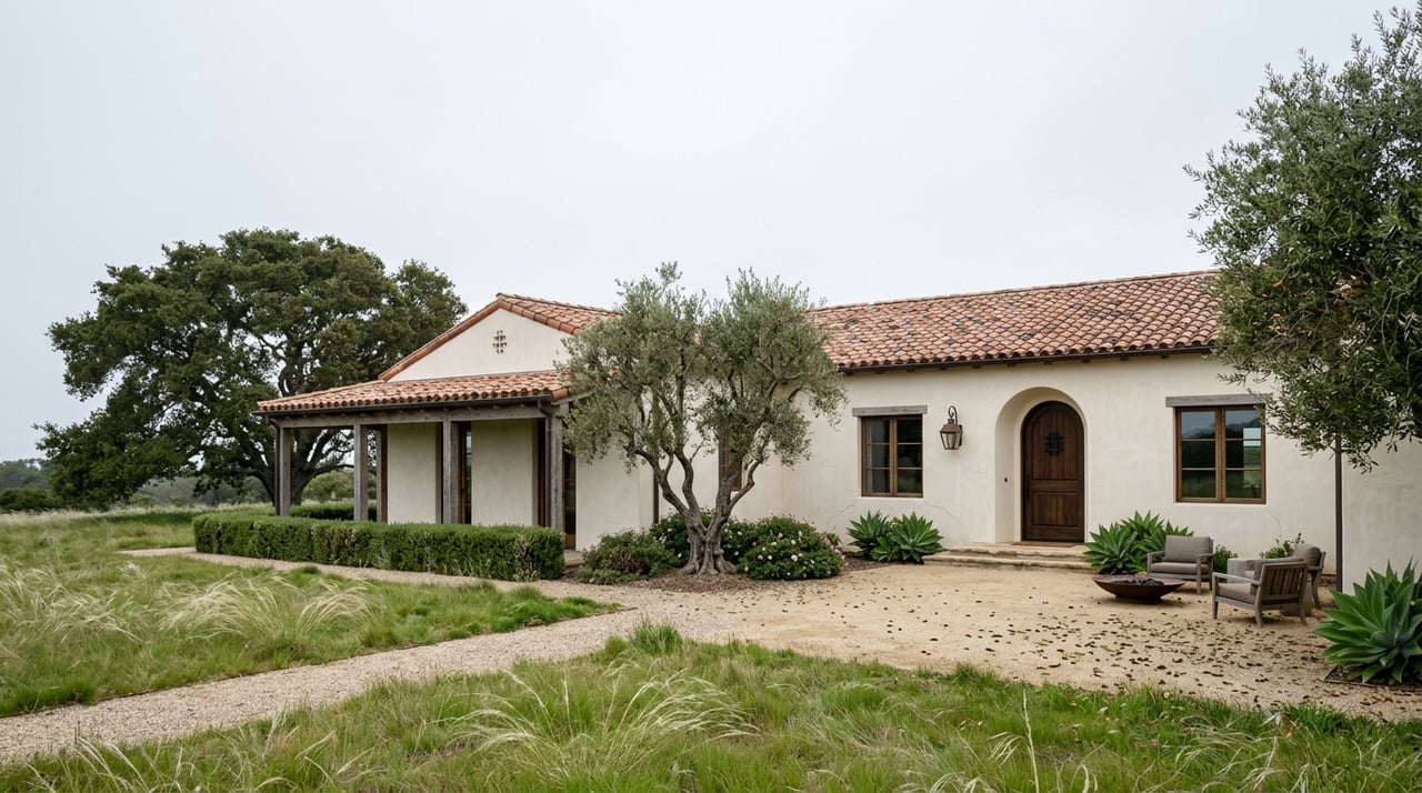 Spanish Colonial Revival home beyond a grassy meadow, with a curving gravel path and arched courtyard entry.