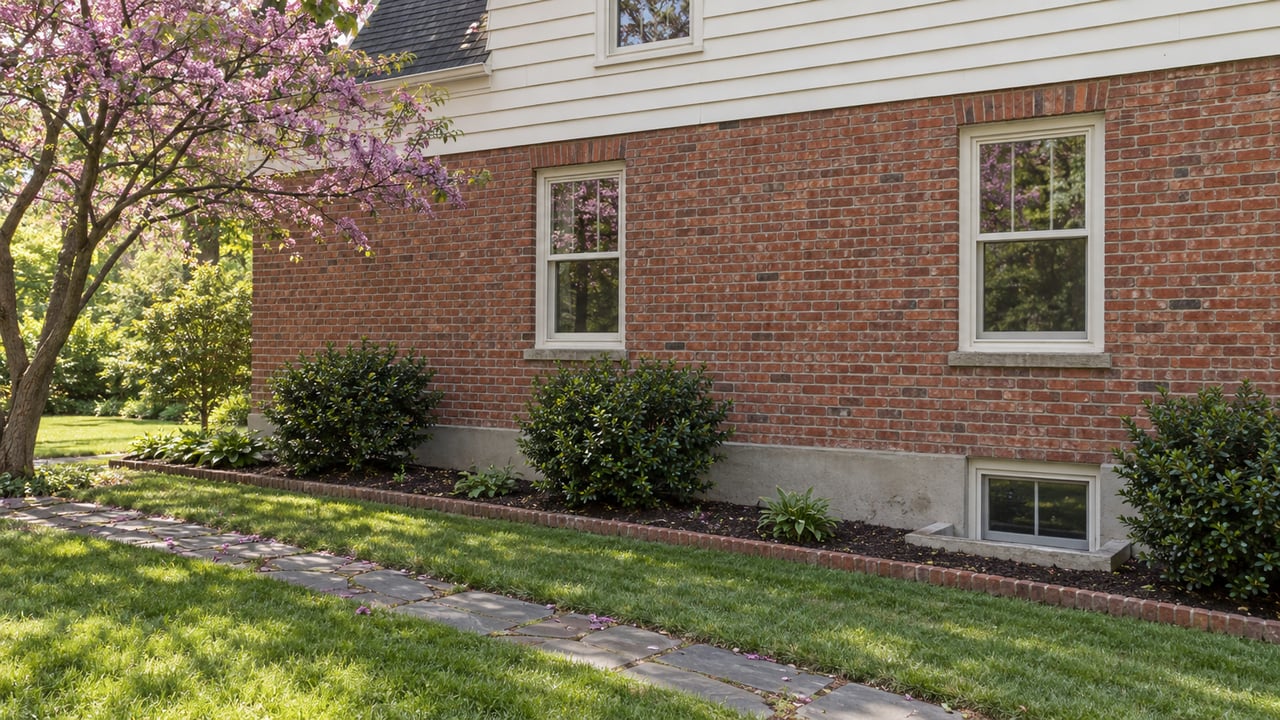 Red brick house with glazed windows above a concrete foundation, beside a bluestone path and planted bed.