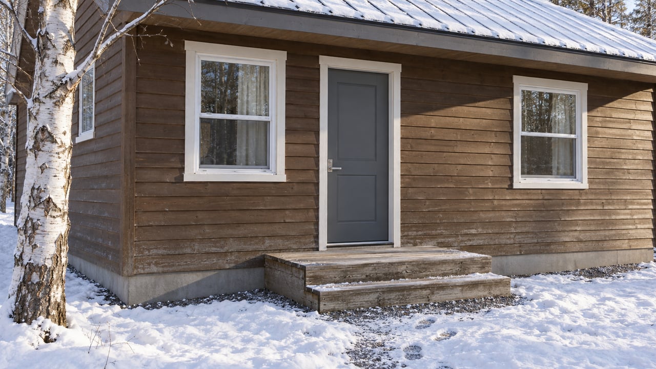 Snow-dusted wood home with a small timber entry landing, two windows and a bare paper birch beside the wall.
