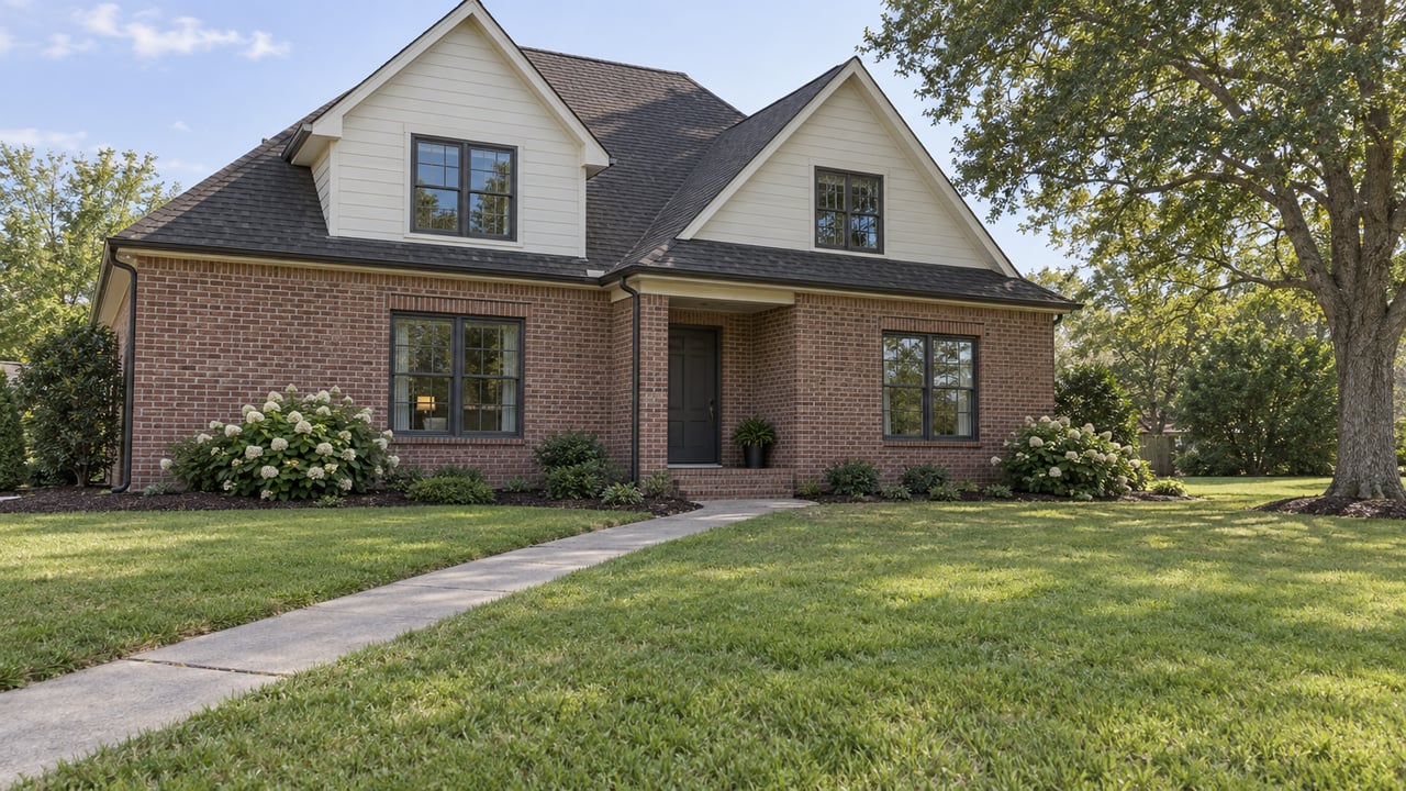 Two-story brick-and-siding house with a concrete walk crossing a broad lawn and an oak tree at right.