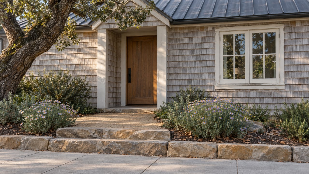 Weathered cedar-shingle cottage with a recessed timber door, glazed window, and stone steps beneath an oak.