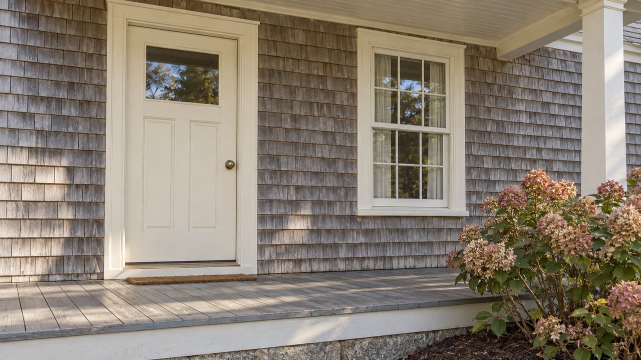 Weathered cedar shingles, a cream entry door and a divided-light window above a gray timber porch beside faded hydrangea flowers.